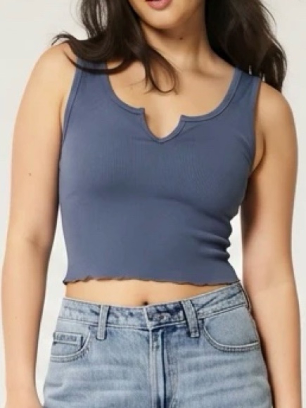 Blue Ribbed Cropped Tank Top - Picture 1 of 7